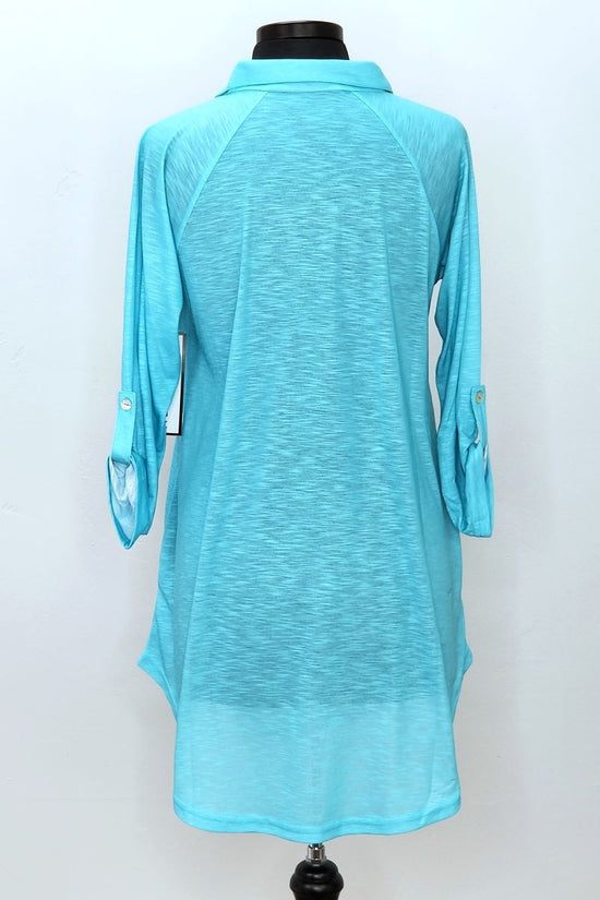 Teal Shirt with Button Roll Up Raglan Sleeves and Side Pockets