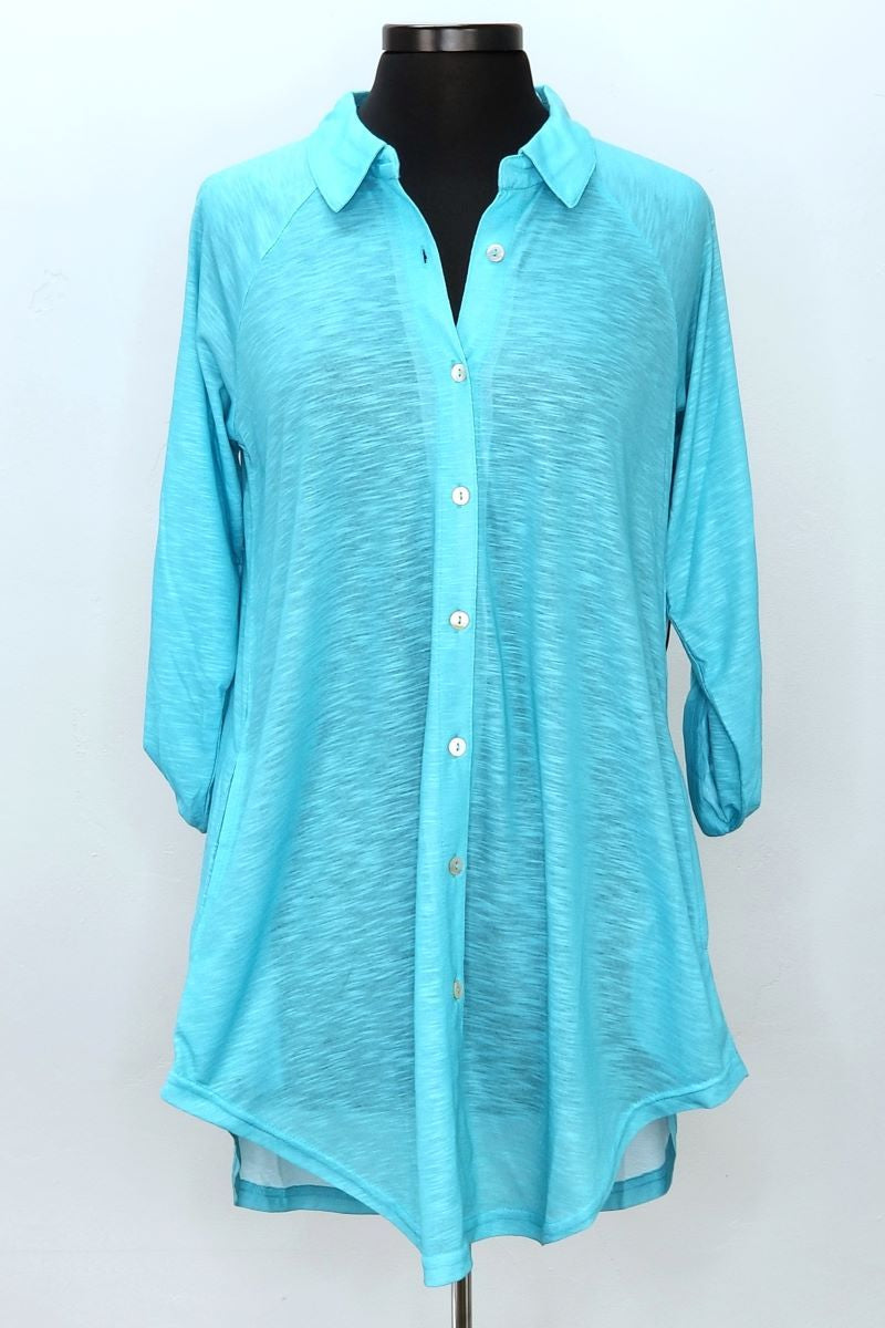 Teal Shirt with Button Roll Up Raglan Sleeves and Side Pockets