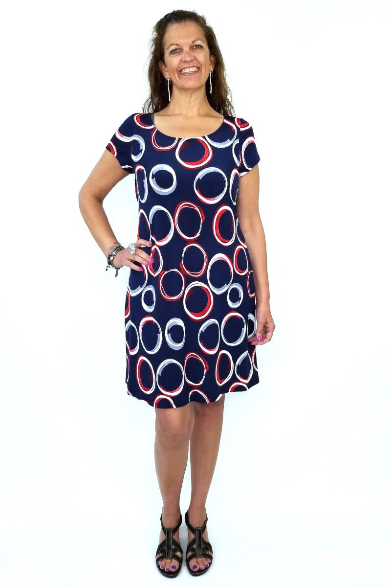 Load image into Gallery viewer, 04122S3232 Circles Navy Cap Sleeve Dress
