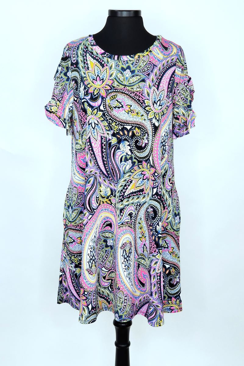 V-Neck Dress with Paisley Print and Side Pockets