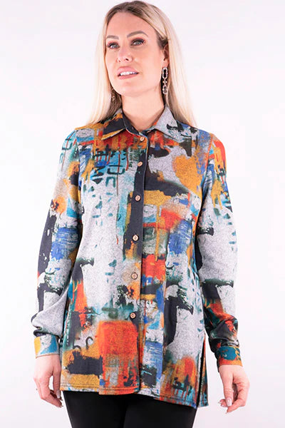 Gray-Multicolor Printed Button Up Top