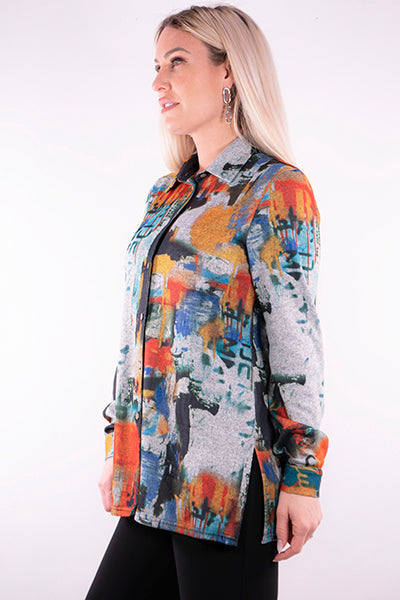 Gray-Multicolor Printed Button Up Top