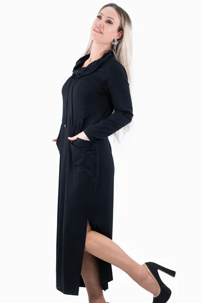 Long Black Cowl Neck Dress with Side Slit