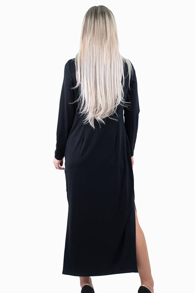 Long Black Cowl Neck Dress with Side Slit