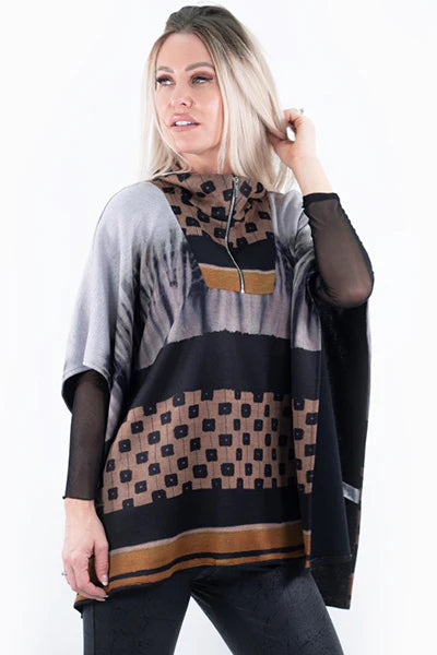 Gray Taupe Black Printed Poncho