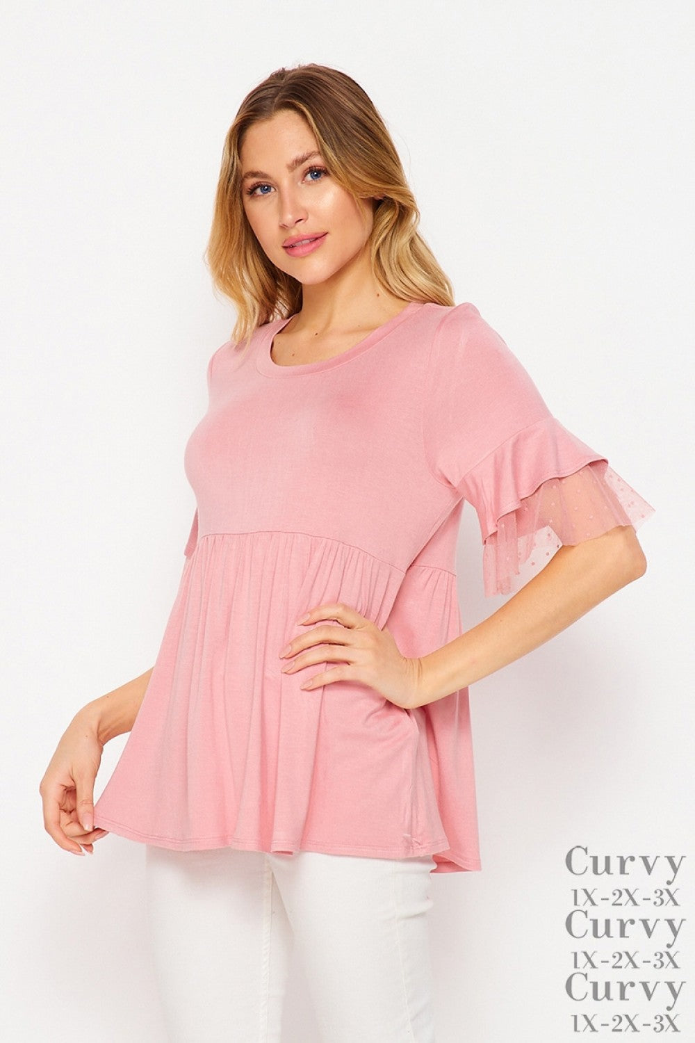 Baby Doll Top with Sheer Ruffle Sleeves - Mauve