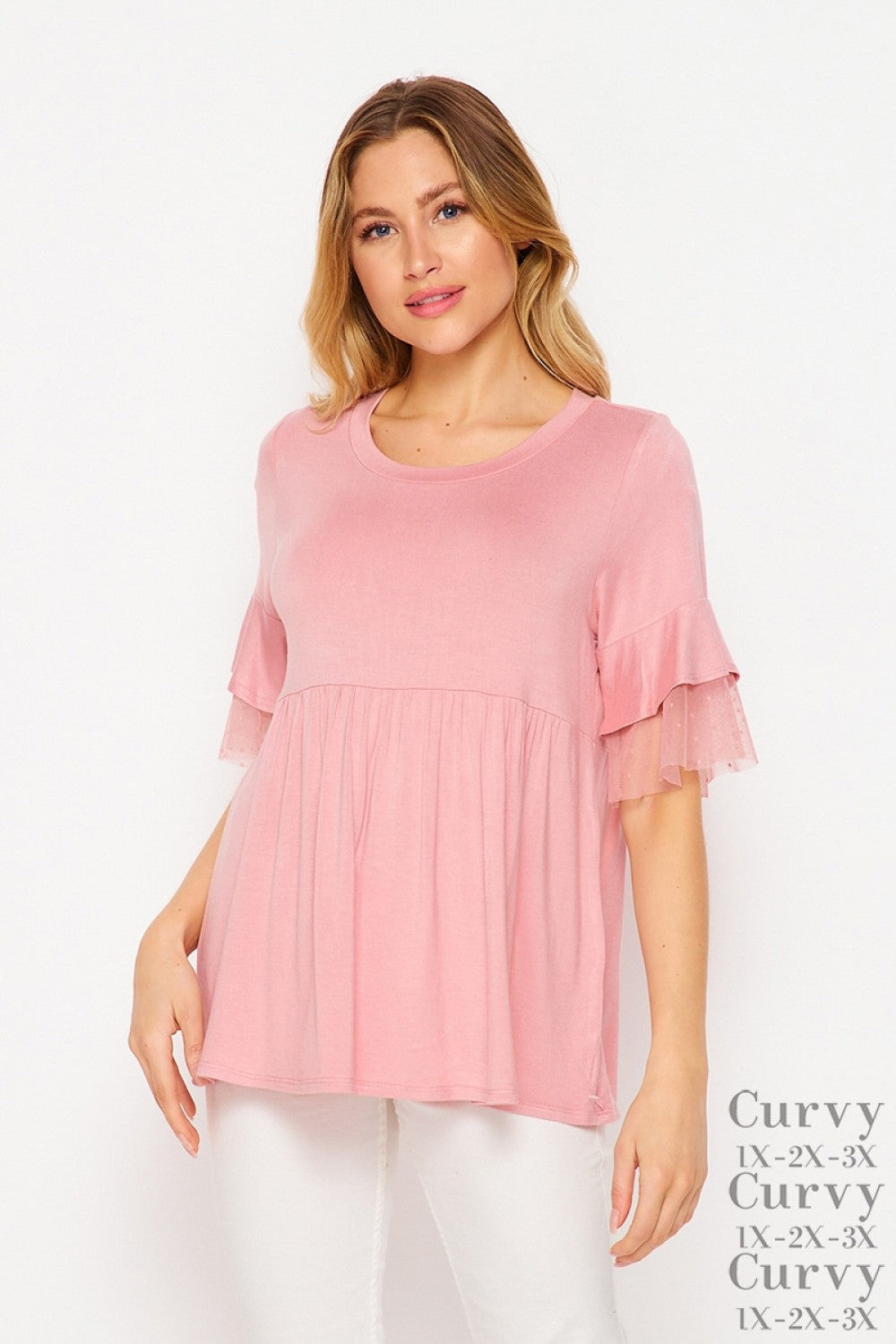 Baby Doll Top with Sheer Ruffle Sleeves - Mauve