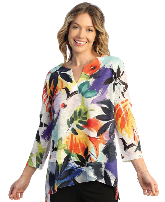 Tropical Slit V-Neck Tunic Top With Chiffon Contrast