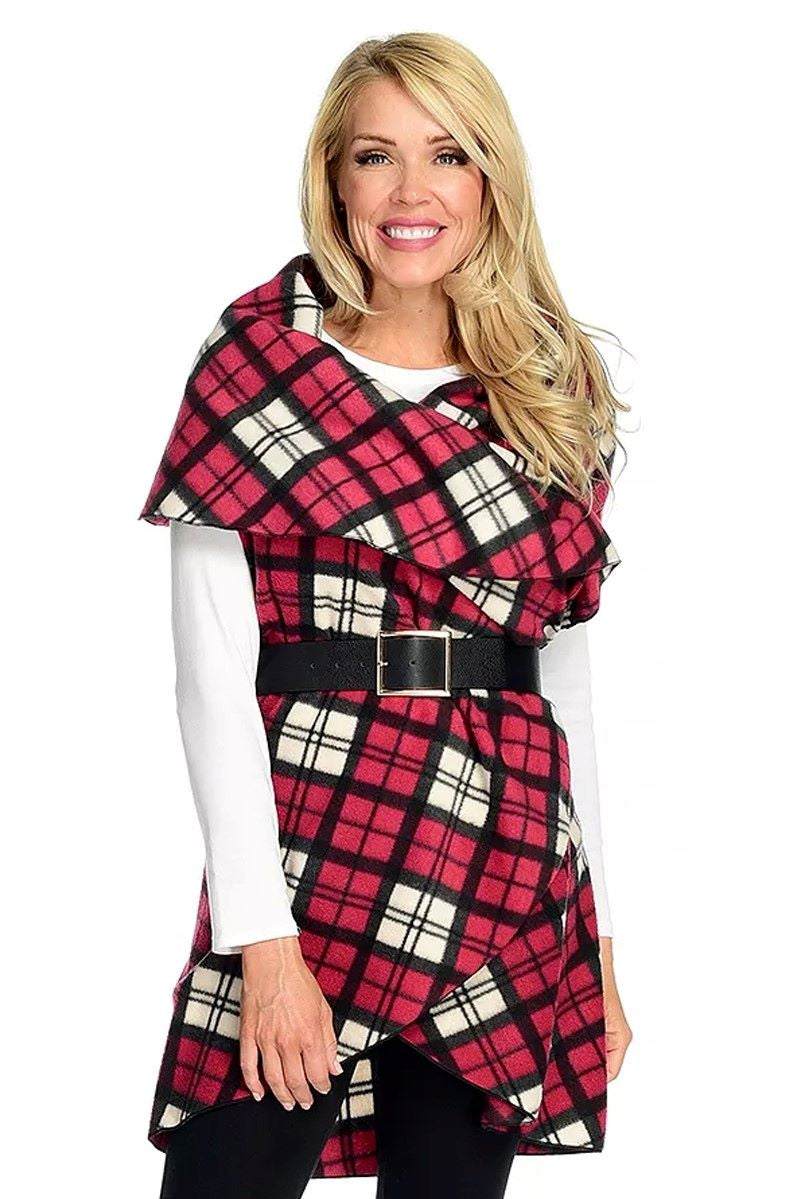 Fleece Convertible Shawl - Red Plaid