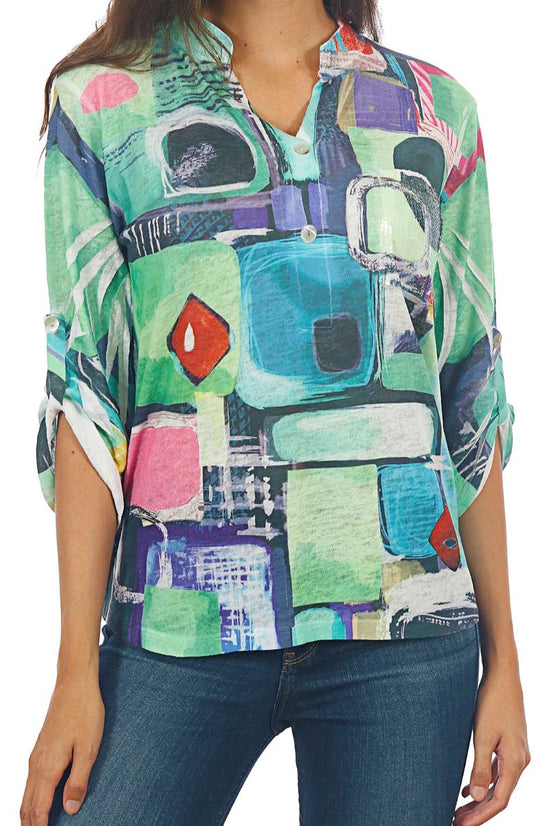 819P490 V-Neck Top with Button Roll Up Sleeves