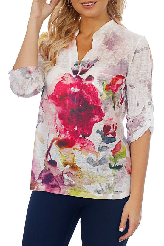 Load image into Gallery viewer, 819P553 V-Neck Top with Button Roll Up Sleeves
