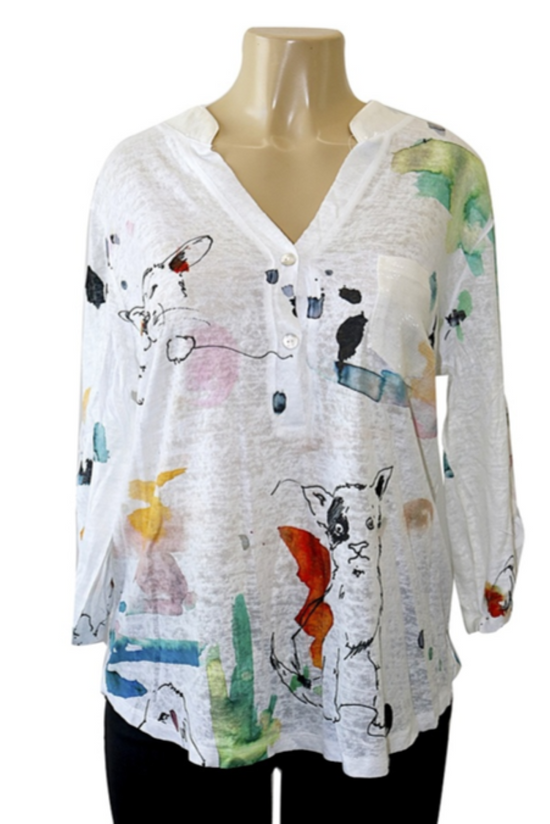 819P448 V-Neck Top with Button Roll Up Sleeves