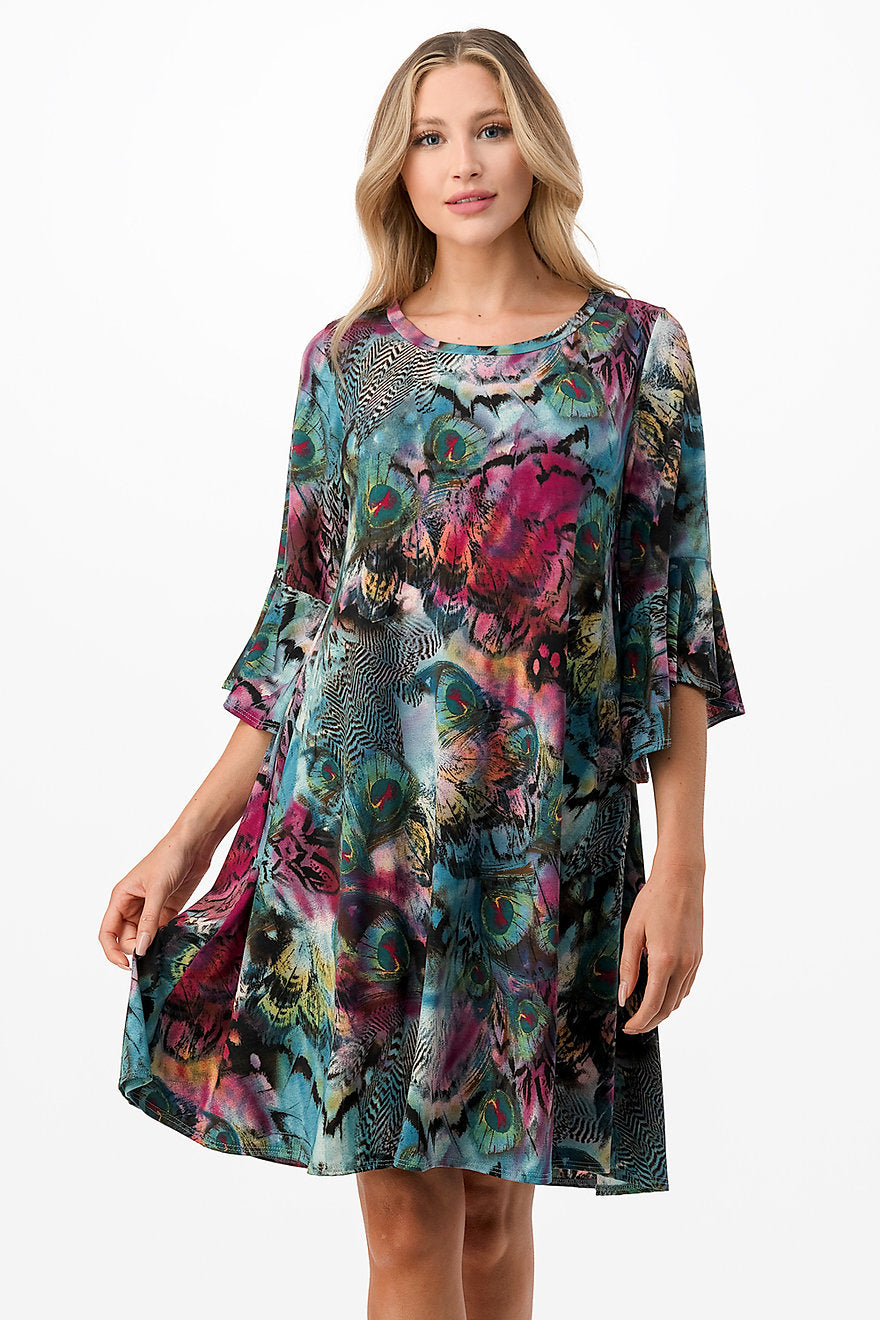 Peacock Scoop Neck Dress with Trumpet Sleeve