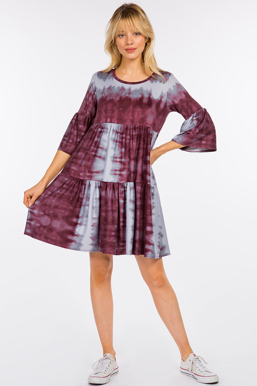Burgundy/Gray Tie Dye Tiered Tunic Dress