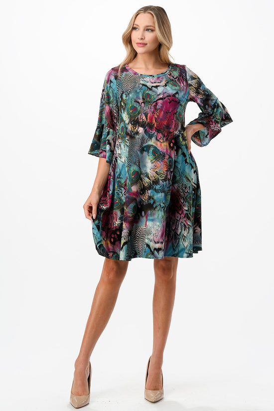 Peacock Scoop Neck Dress with Trumpet Sleeve