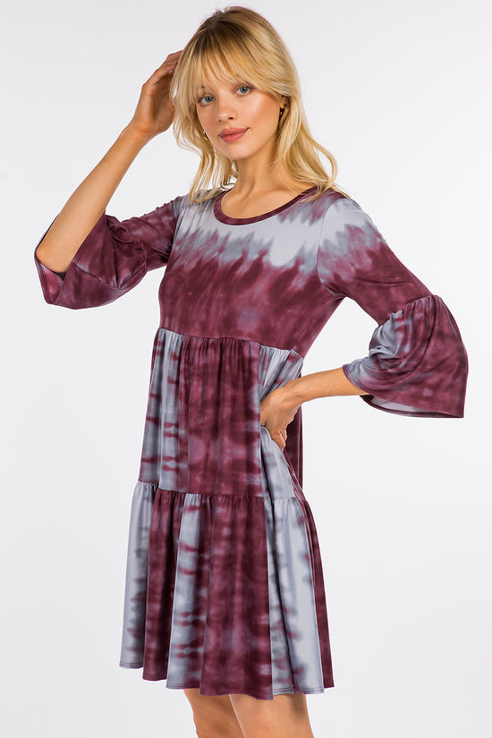 Burgundy/Gray Tie Dye Tiered Tunic Dress