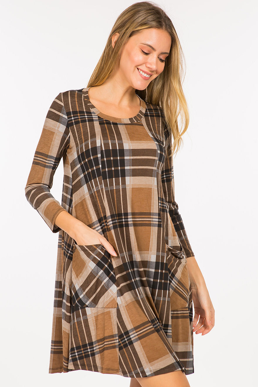 Brown Plaid Tunic with Pockets