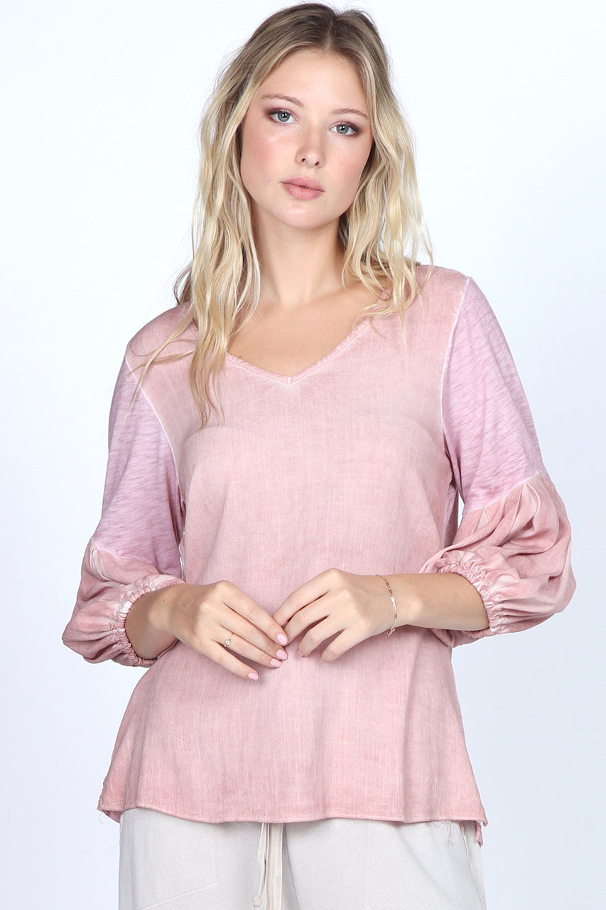 S4976A Oil Washed V-Neck Puff Sleeve Top