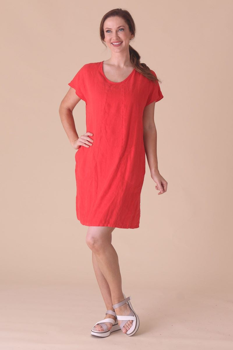 C44842TANGRN Short Dress with Side Pockets - Tangerine