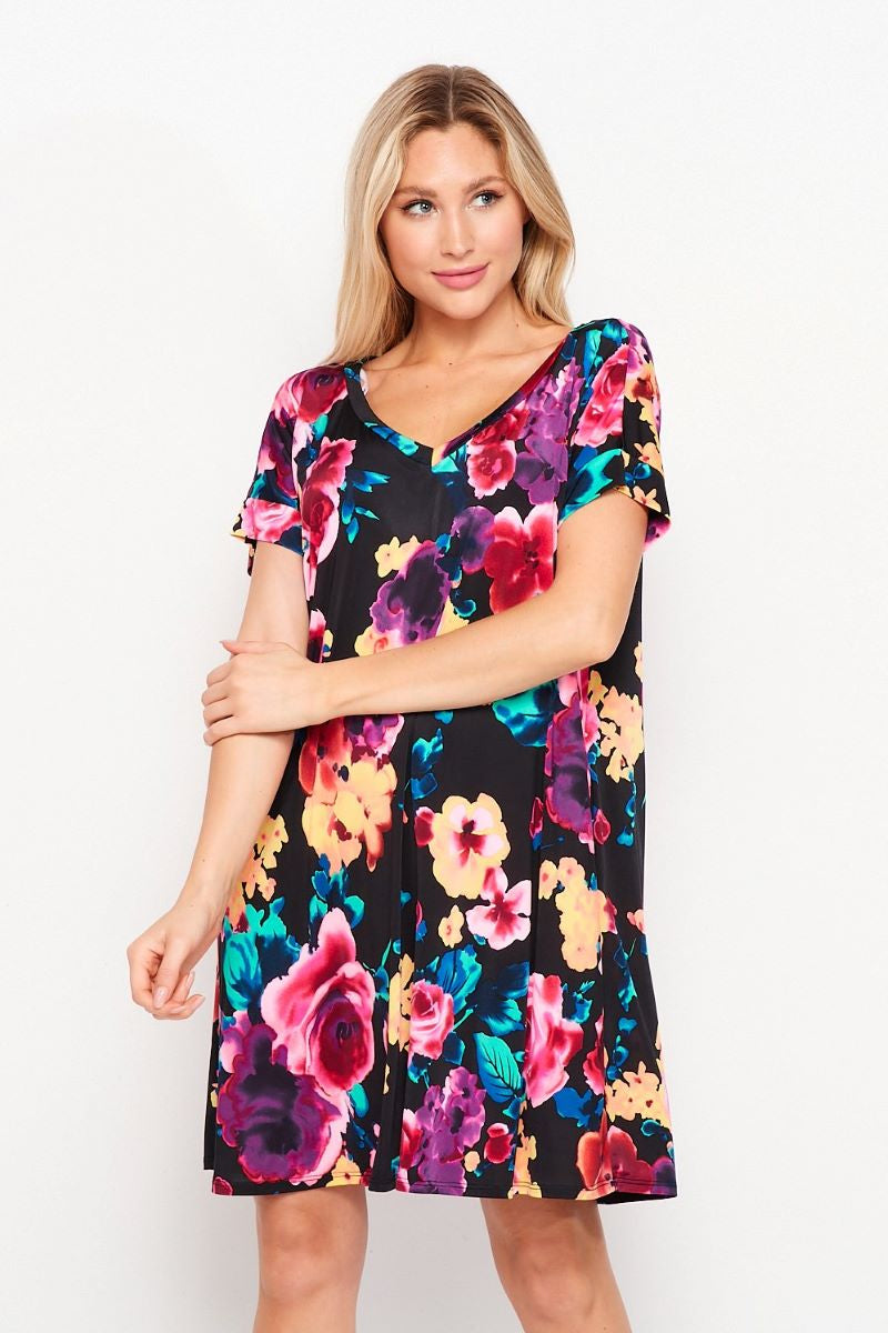 Floral Printed Short Sleeve V-Neck Dress