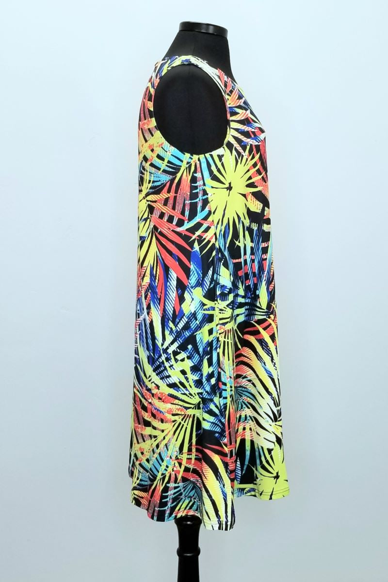 Colorful Tropical Sleeveless Dress with Side Pockets