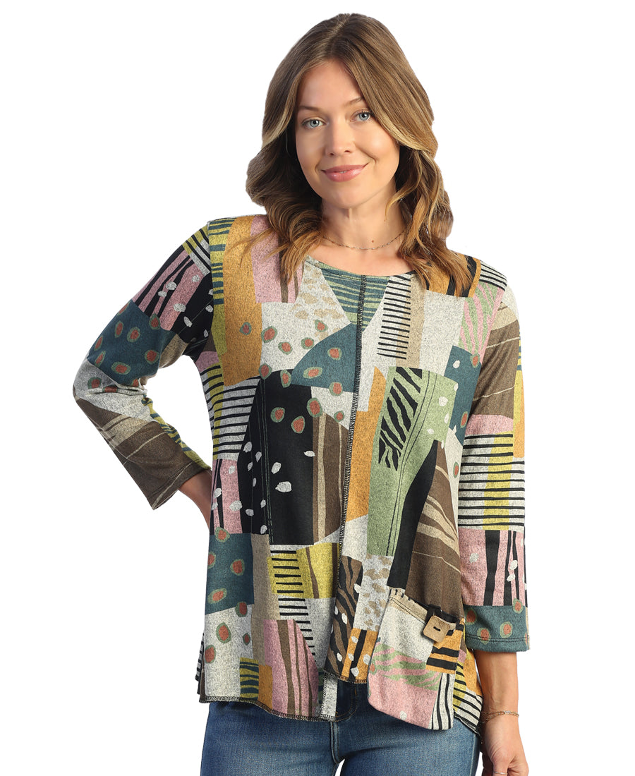 Morning Glory French Brushed Knit Tunic Top With Patch Pocket And