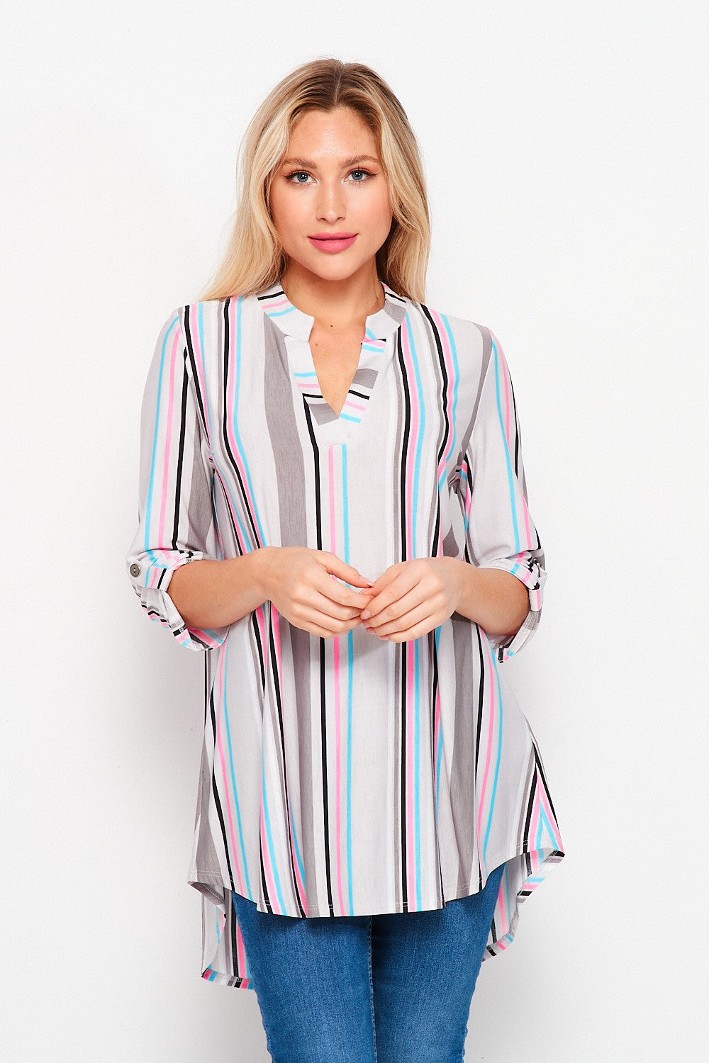 V-Neck Top Grey Pink Stripes