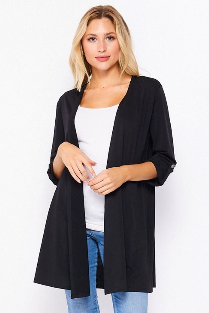 GABBYCDBBLK Black Open Cardigan with 3/4 Cuffed Sleeves