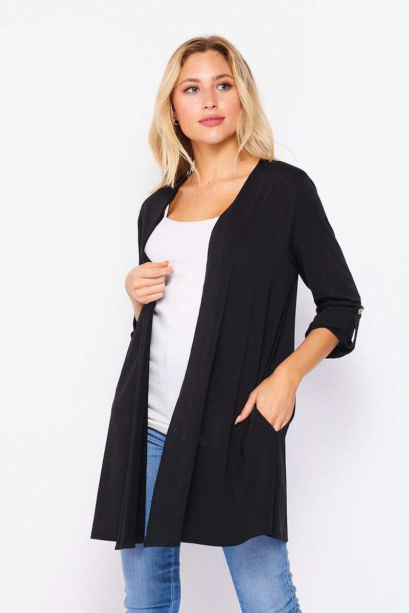 Load image into Gallery viewer, GABBYCDBBLK Black Open Cardigan with 3/4 Cuffed Sleeves
