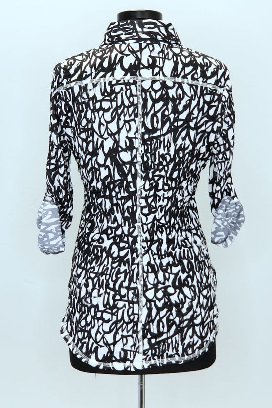 Graffiti Crinkle Button Down Shirt with Tab Sleeves