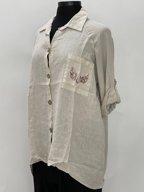 Natural Cotton Linen Button Up with Angel Wings