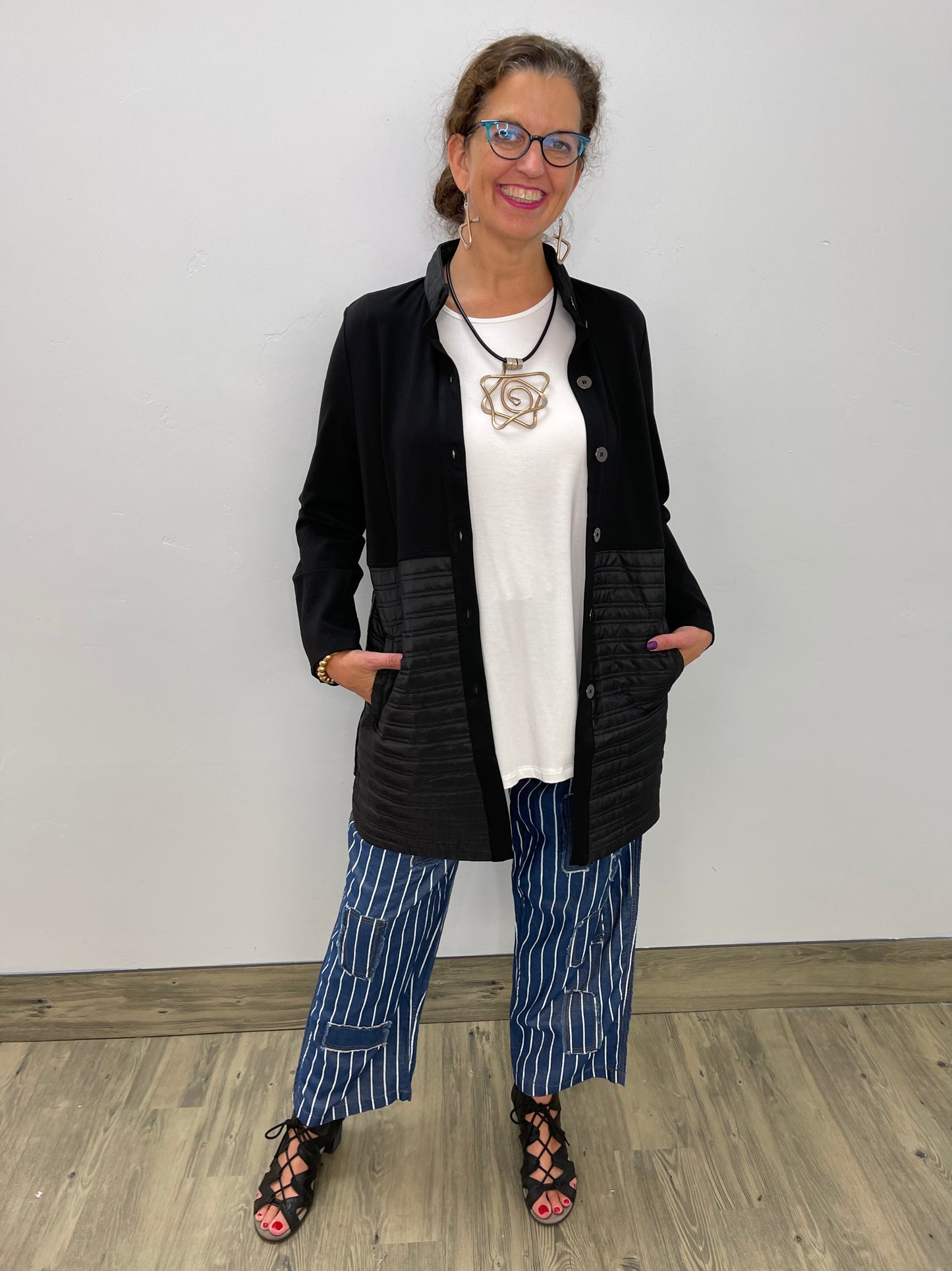 Stripe Pants with Front Pockets and Raw Edge