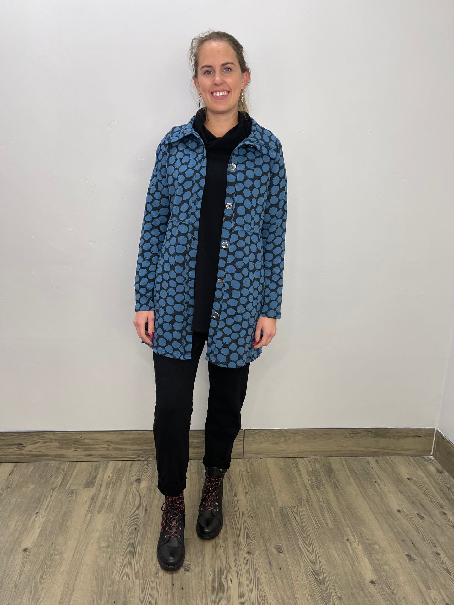 Button Up Polka Dot Jacket with Two Pockets - Teal