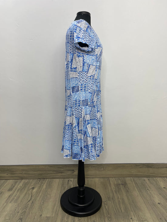 Blue Pattern Scoop Neck Cap Sleeve Dress