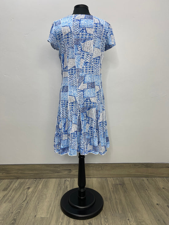 Blue Pattern Scoop Neck Cap Sleeve Dress