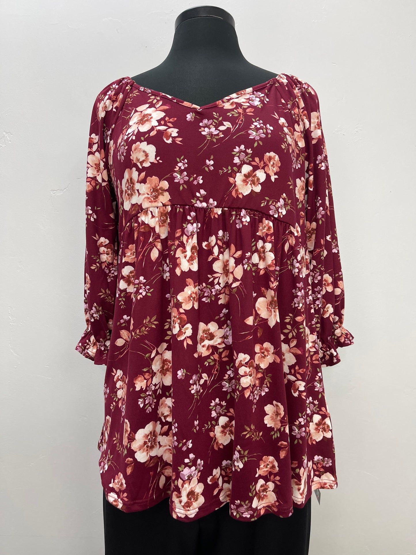 Rose V Neck Floral Top with 3/4 Sleeve