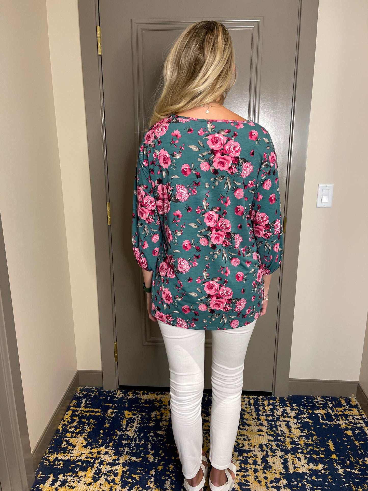 Green 3/4 Sleeve Top with Coral Flowers