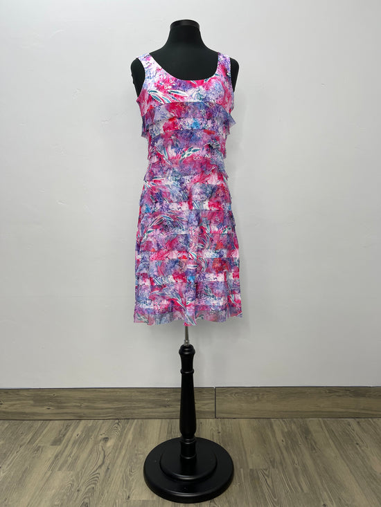 Pink Pattern Sleeveless Mesh Ruffle Dress