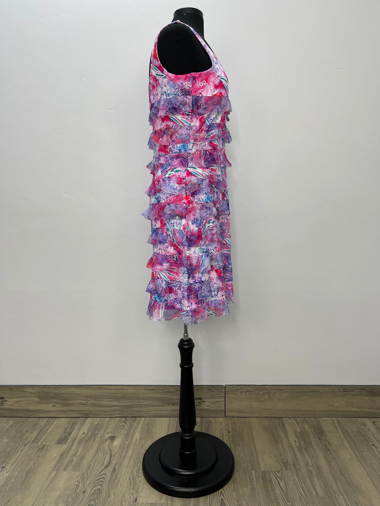 Pink Pattern Sleeveless Mesh Ruffle Dress