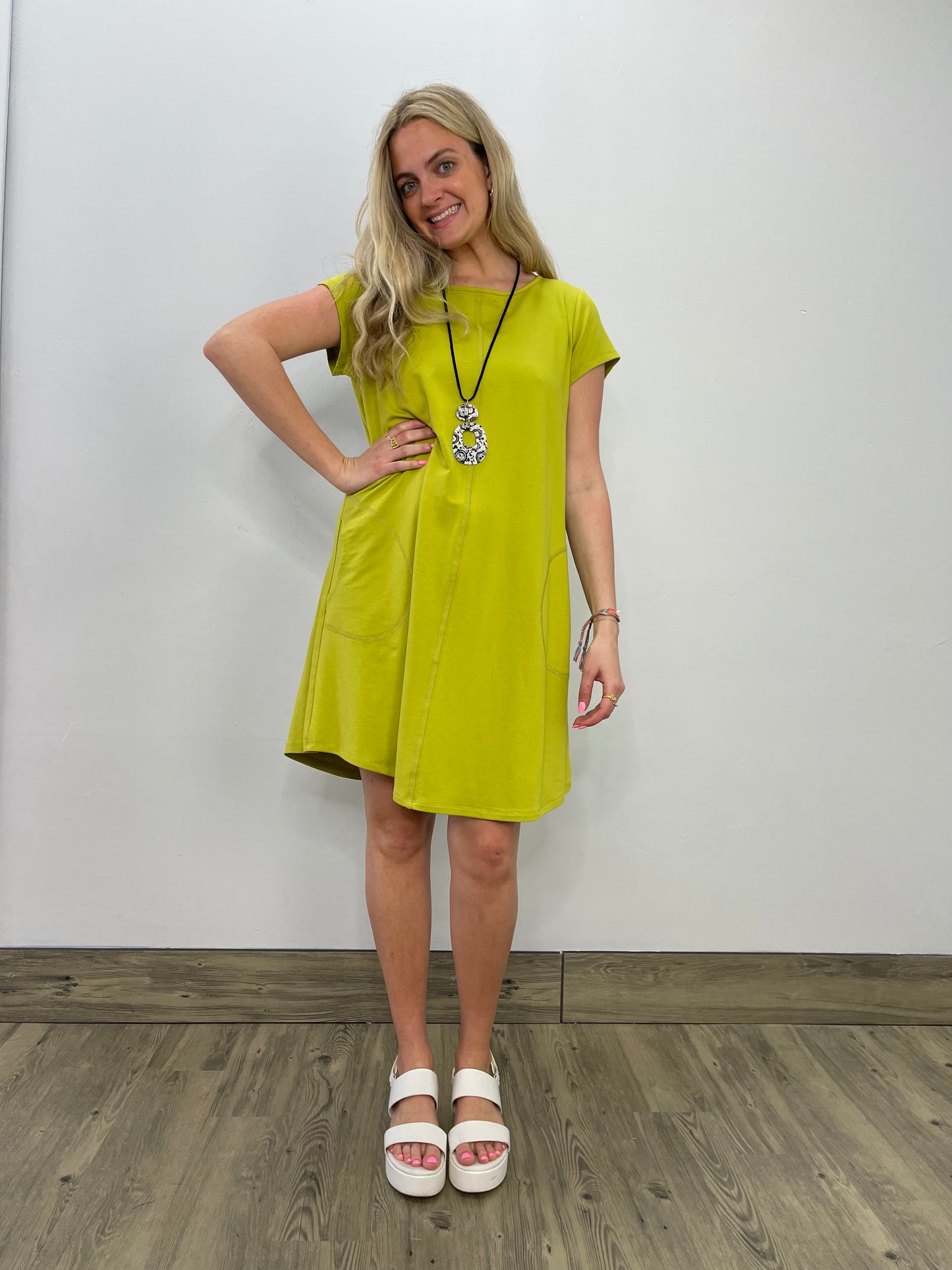 Load image into Gallery viewer, Bamboo French Terry Short Sleeve Lime Dress
