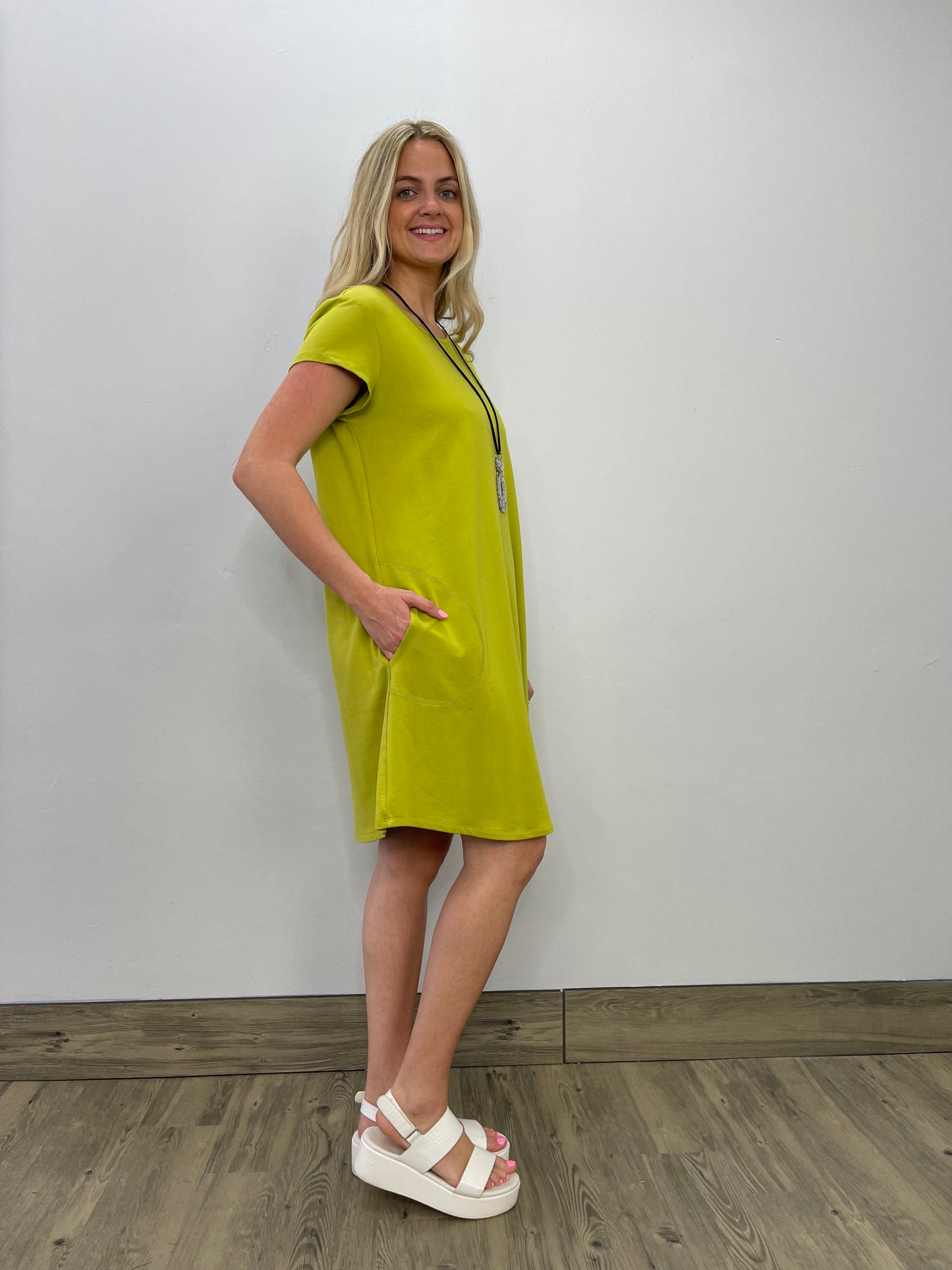 Load image into Gallery viewer, Bamboo French Terry Short Sleeve Lime Dress
