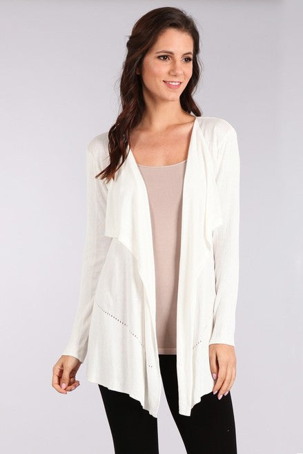 J4003 Open Draped Cardigan with Contrast Rib and Holes Detail