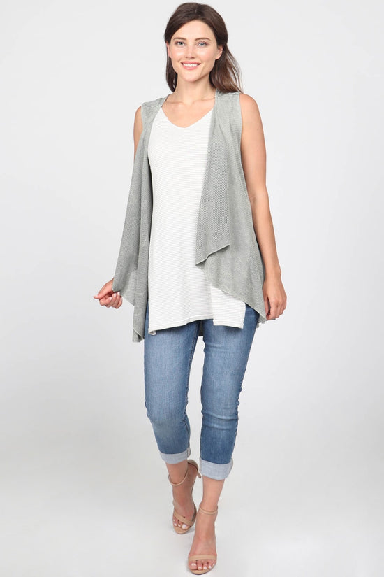J4528A Mineral Wash Sleeveless Open Front Draped Cardigan w/Contrast Fabric