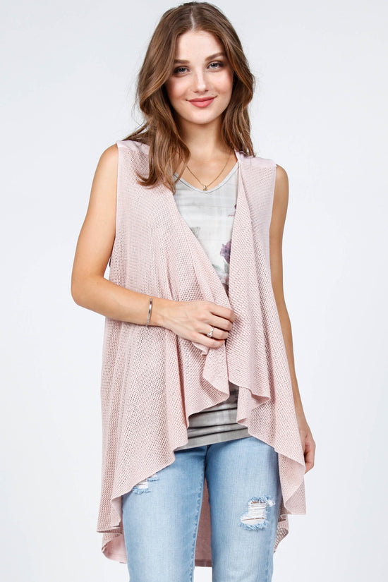 J4528A Mineral Wash Sleeveless Open Front Draped Cardigan w/Contrast Fabric