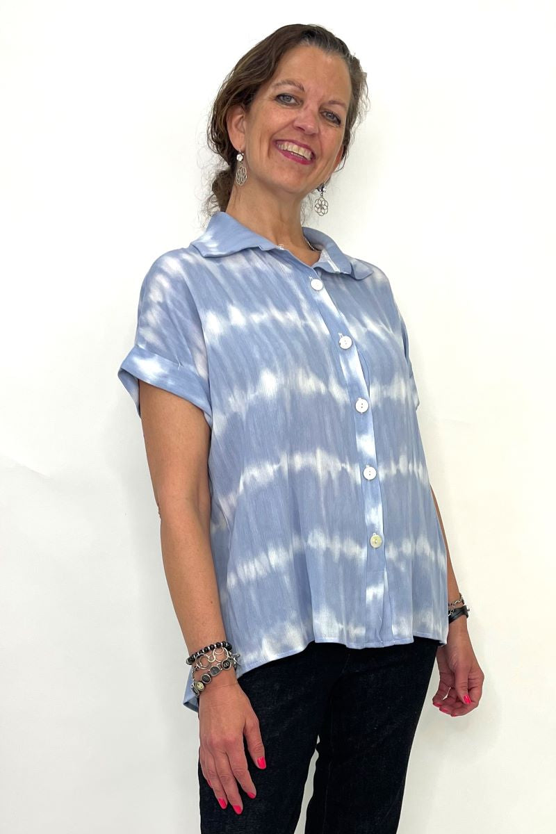 LMT3085BLU Blue Tie Dye Blouse with Cuffed Short Sleeves