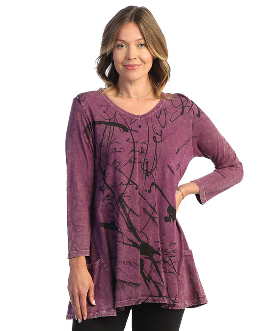 Plum Scrolls Mineral Washed 100% Cotton Slub Side Patch-Pocket Tunic