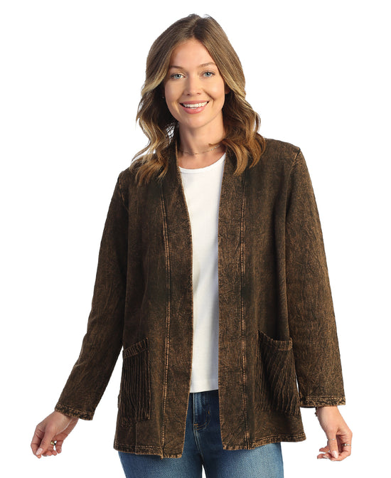 Chocolate Mineral Washed 100% Cotton Fleece Open Cardigan With Contrast Patch Pockets