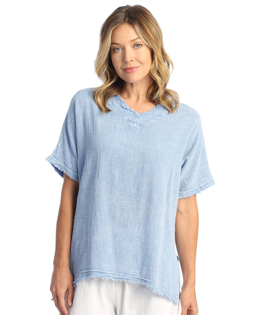 Cornflower Mineral Washed Dolman Sleeve Gauze Top With Fringe Accents