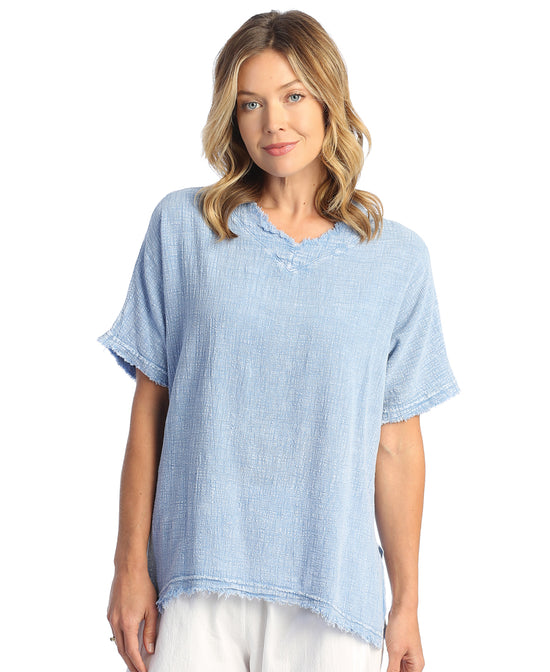 Load image into Gallery viewer, Cornflower Mineral Washed Dolman Sleeve Gauze Top With Fringe Accents
