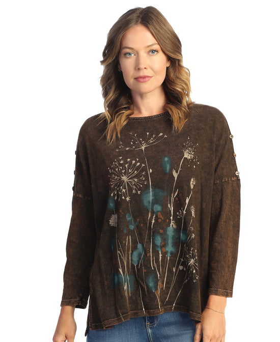 Sienna Mineral Washed 100% Cotton Slub Dolman Sleeve Top With Button Accents